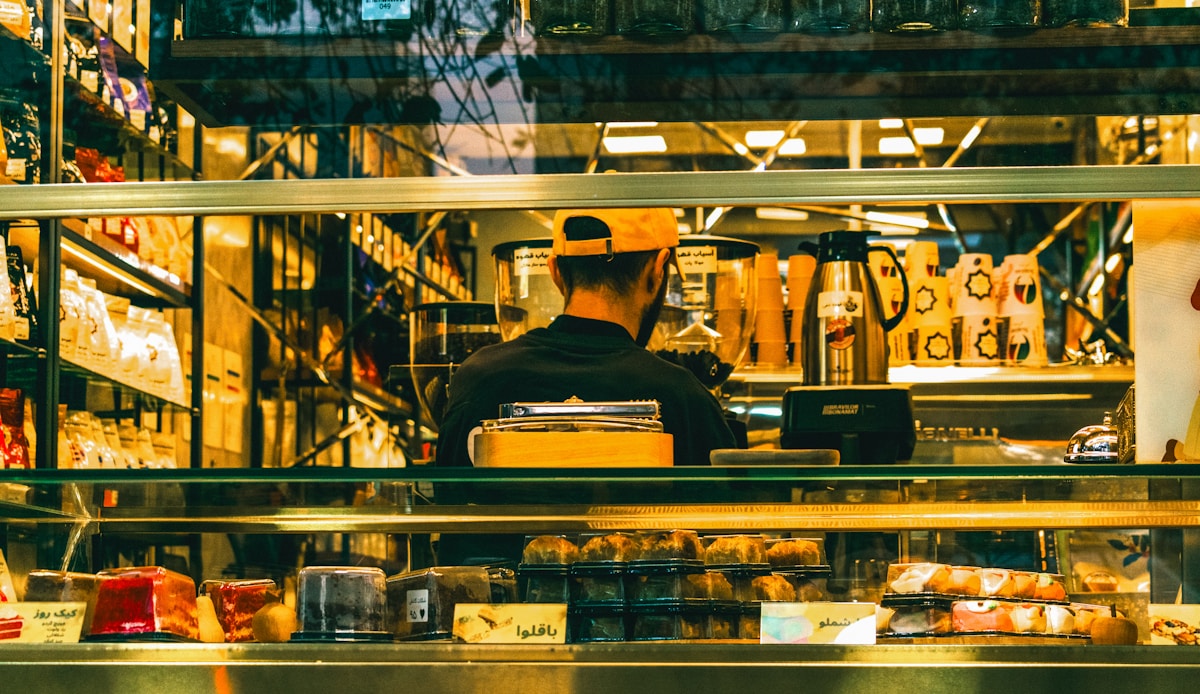 Café interior with packaging and supply products