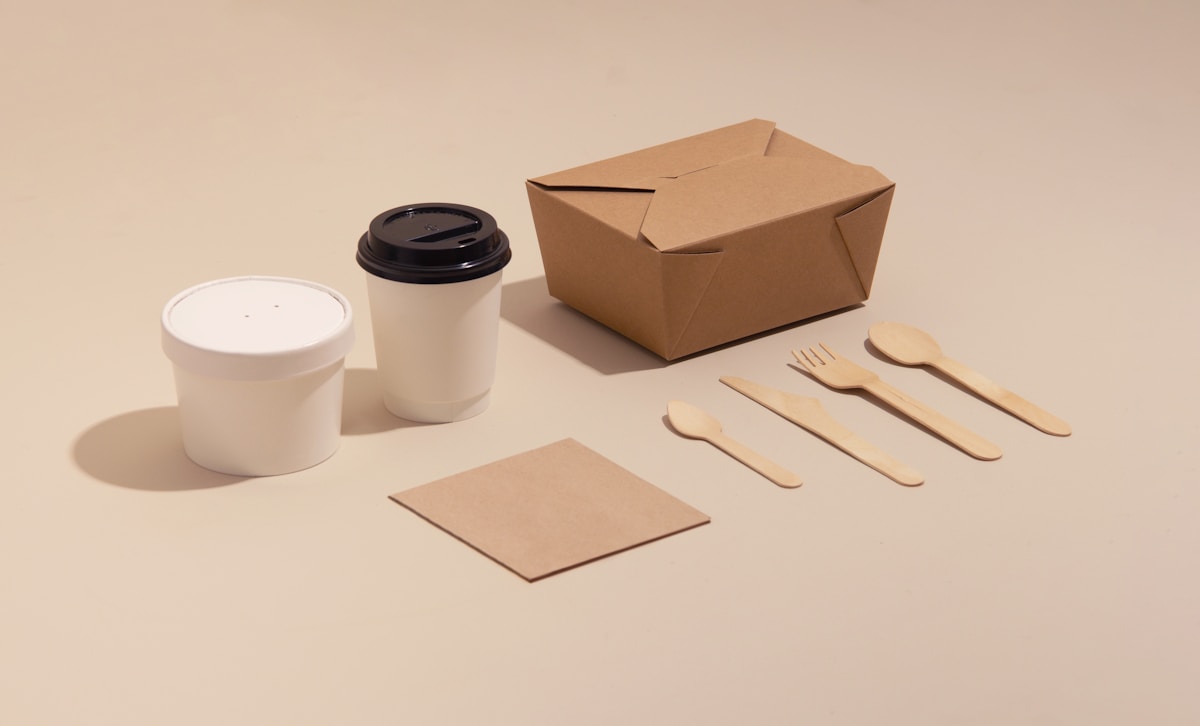 Eco-friendly takeaway packaging including kraft boxes and paper cups